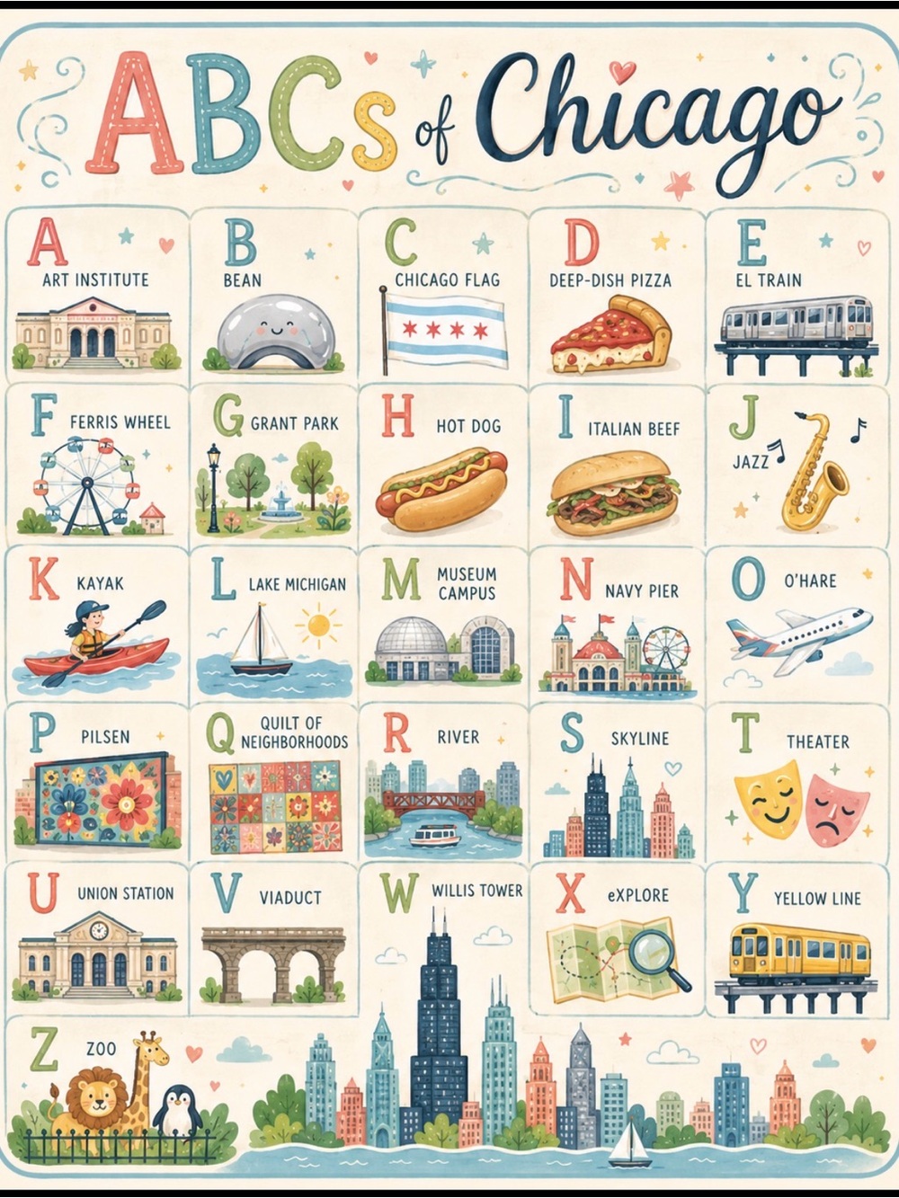 Chicago ABCs Illustrated Poster - Whimsical City Alphabet Art (Multicolor)